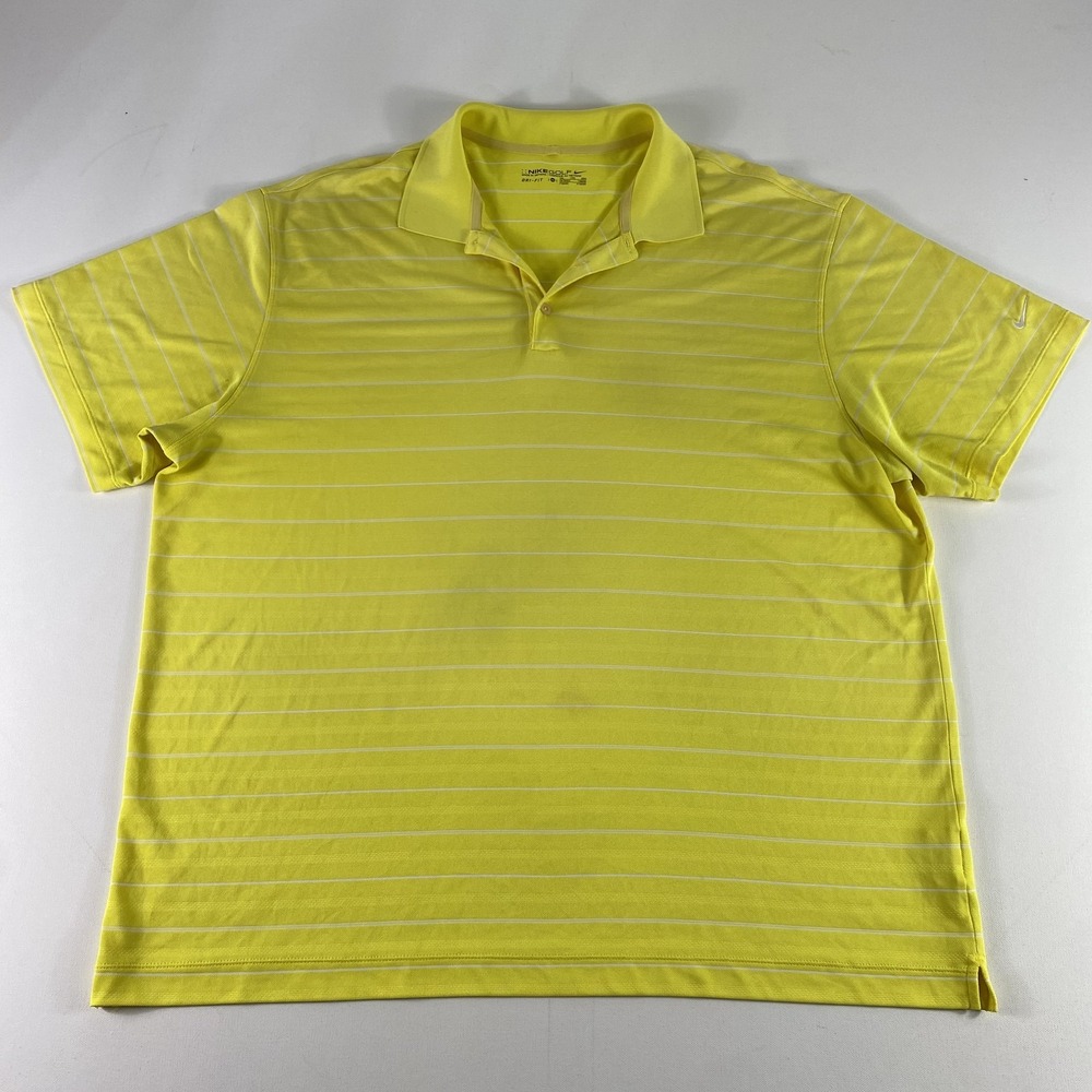 Nike Golf Polo Shirt Mens 2XL Yellow Dri-Fit Striped Performance Athletic